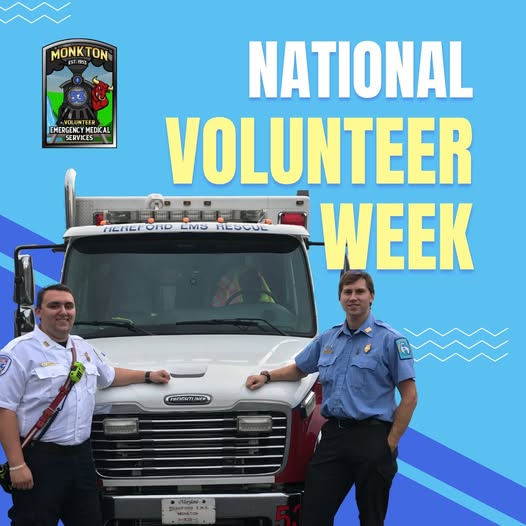 Two emergency medical service volunteers stand in uniform in front of a rescue vehicle. The image features the Monckton Volunteer EMS logo and text reading "National Volunteer Week" on a blue background.