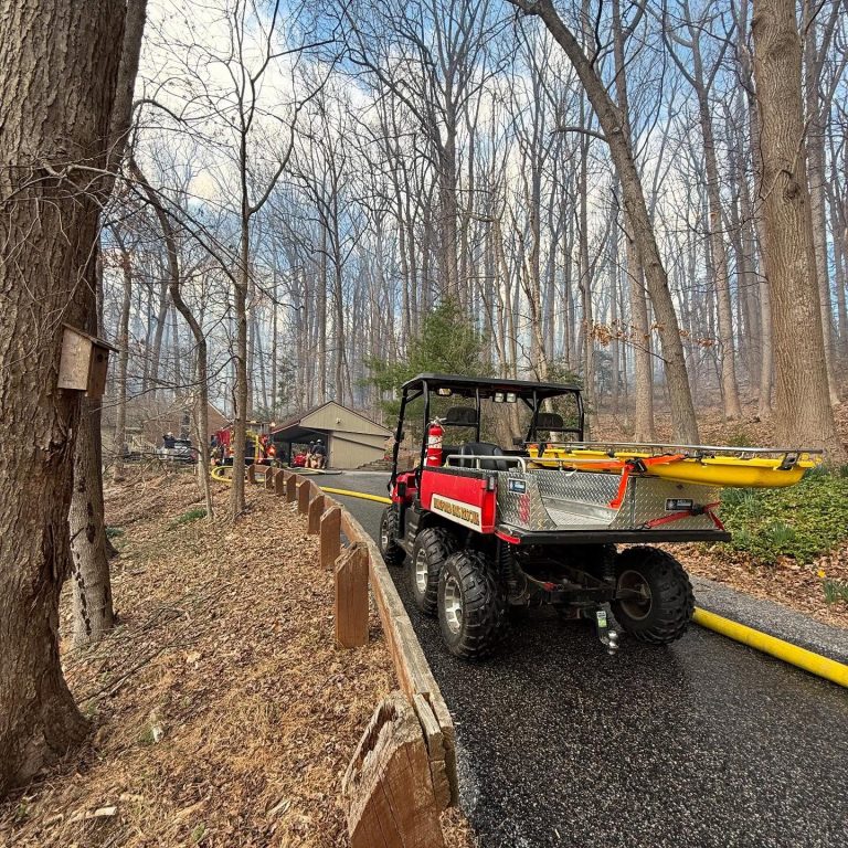 A fire rescue utility vehicle is parked on a forest road near a house, with firefighters and hoses visible. Leafless trees surround the scene, and a yellow stretcher is on the vehicle’s bed.