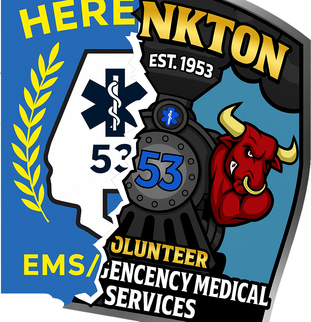A patch split in half: one side shows a blue medical symbol with "53" and "EMS", the other has a red bull, steam train with "53", and "NKTON VOLUNTEER EMERGENCY MEDICAL SERVICES" with "Est. 1953.